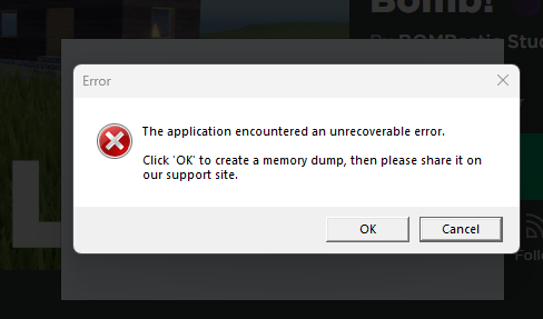 when I launch roblox it says the application encountered an